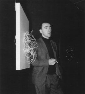 Pol Bury during exhibition Pol Bury. Ponctuations érectiles et molles Galerie Smith, Brussels, 1961 unknown photographer