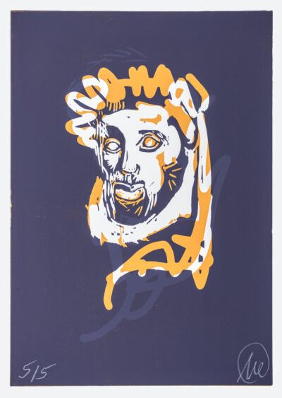 Markus Lüpertz, Mykenisches Lächeln 3, Ultramarin-apricosengelb, 1986/2013. Holzschnitt auf Bütten, 107 x 76,5 cm, 5 Exemplare zzgl. e.a.