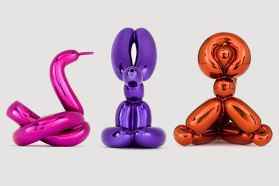 Jeff Koons, Balloon Swan (Magenta), Balloon Rabbit (Violet), Balloon Monkey (Orange), 2019 © Jeff Koons