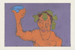 Markus Lüpertz Kopf des Dionysos Holzschnitt orange auf lila 2021