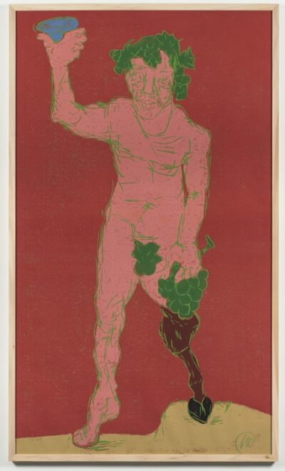 Markus Lüpertz Dionysos Holzschnitt pink und grün auf weinrot 2021 237,5 cm x 137,5 cm