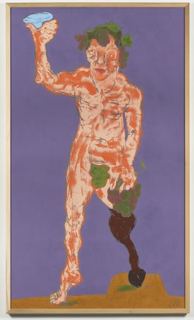Markus Lüpertz Dionysos Holzschnitt pink und orange auf lila 2021 237,5 cm x 137,5 cm