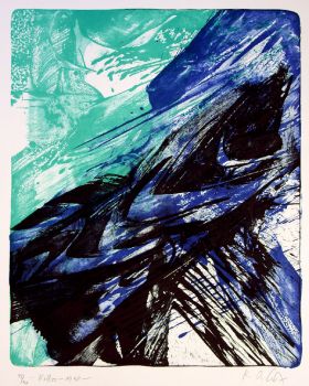 Karl Otto Götz, Kallos, entstanden im Jahr 1998, Lithografie, 74,5 x 65 cm, 40 Exemplare, handsignierte Grafik in blau, grün und schwarz