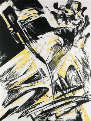 Karl Otto Götz, KAL 91, entstanden im Jahr 1990, Lithografie, 90 x 70 cm, 100 Exemplare, handsignierte Grafik in gelb und schwarz