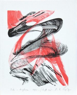 Karl Otto Götz Grafik, Kylrom, entstanden im Jahr 1995, Lithografie, 38 x 30, handsignierte Grafik in schwarz und rot