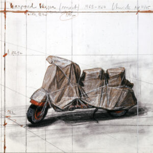 Christo Wrapped Vespa, Project, 1963-64 entstand im Jahr 2009 als Collage-Grafik.  Auflage: 200 arabisch nummerierte Exemplare zuzüglich 30 H.C. + 45 A.P. + 10 Publ.P + 5 P.P. Abmessungen: 31 x 31 cm