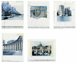 Christo Five Urban Projects, Portfolio aus fünf Collage-Grafiken, 35,5 x 28 cm bzw. 28 x 35,5 cm. Rom, Köln, Mailand, Manhatten, Paris