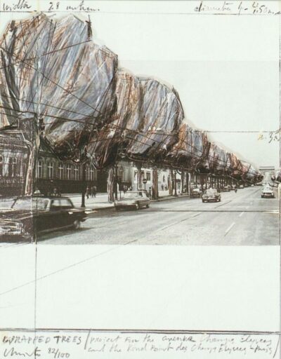 Christo, Five Urban Projects, Wrapped Trees, Paris, Grafik- Collage. 35,5 x 28 cm