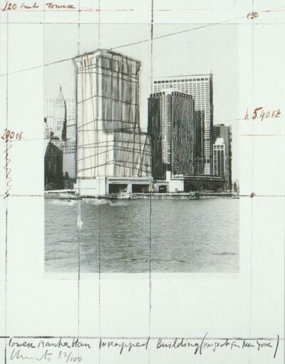 Christo, Five Urban Projects, Lower Manhatten Building Wrapped, New York , Grafik- Collage. 35,5 x 28 cm