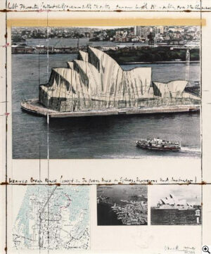 Christo Wrapped Opera House. Project for Sydney 1991 Lithografie und Collage. 77 x 63 cm. 120 Exemplare + 30 röm. + 35 A.P. + 5 H.C.