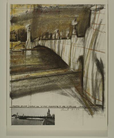Christo Wrapped Bridge, Project for Le Pont Alexandre III, Paris. Collage- Grafik 1977. 71 x 56 cm. 66 + 33 Exemplare + 10 A.P. + einige H.C.