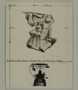 Christo, Wrapped Telephone, Project for L.M. Ericsson Model. 1985. Lithografie + Collage aus Stoff, Faden, Fotografie. 71 x 56  cm. 100 + XX +35 A.P.