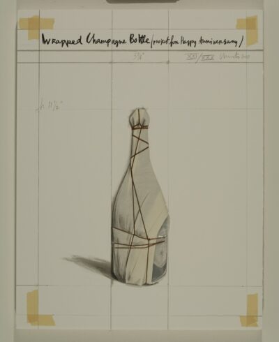 Christo, Wrapped Champagne Bottle, Project for Happy Anniversary. Collage- Grafik aus 2001. 54,6 x 41,9 cm. 30, XXX, 12 A.P., 5 P.P., 2 P.P.