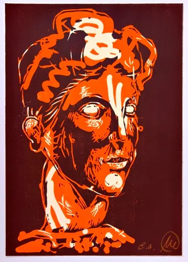 Markus Lüpertz. Mykenisches Lächeln 2, braun-orange-gelb, 1986/2013 Holzschnitt. Druckplatte aus1986. Diese unikale Fabvariante wurde im Jahr 2013 gedruckt.